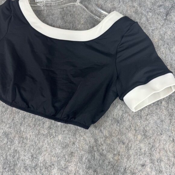 STAUD Lily Short Sleeve Bikini Top Size XS Black Scoop Neck Open Back - Picture 2 of 7